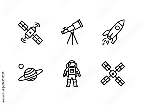 Satellite Telescope Space Rocket Planet Astronaut Space Station Minimal Bold Line Icon Set