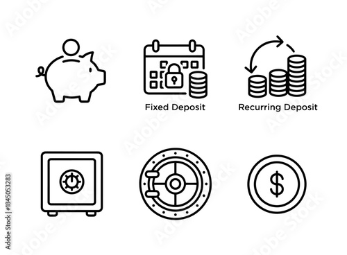 Savings Piggy Bank Fixed Deposit Recurring Deposit Safe Box Vault Minimal Bold Line Icon Set