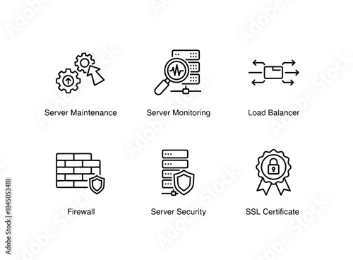 Server Maintenance Server Monitoring Load Balancer Firewall Server Security SSL Minimal Bold Line Icon Set