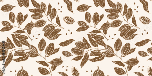 Hand drawn chocolate fruit seamless pattern. Cocoa fruits and leaves, seeds in sketch style. Outline vector illustration. Cocoa chocolate fruits background.
