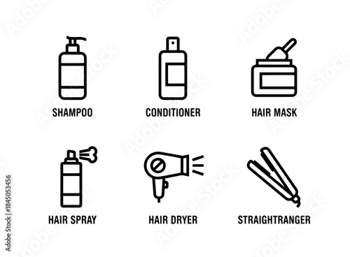 Shampoo Conditioner Hair Mask Hair Spray Hair Dryer Hair Straightener Minimal Bold Line Icon Set