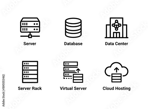 Server Database Data Center Server Rack Virtual Server Cloud Hosting Minimal Bold Line Icon Set