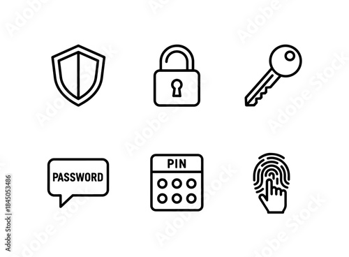 Shield Lock Key Password PIN Code Fingerprint Minimal Bold Line Icon Set