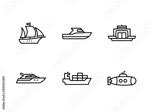 Ship Boat Ferry Yacht Cargo Ship Submarine Minimal Bold Line Icon Set