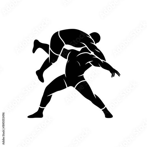 Dynamic silhouette wrestlers in vector style for sports, fitness, and wrestling-related designs, promoting strength, competition, and athleticism visually.
