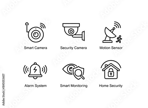 Smart Camera Security Camera Motion Sensor Alarm System Smart Monitoring Home Security Minimal Bold Line Icon Set