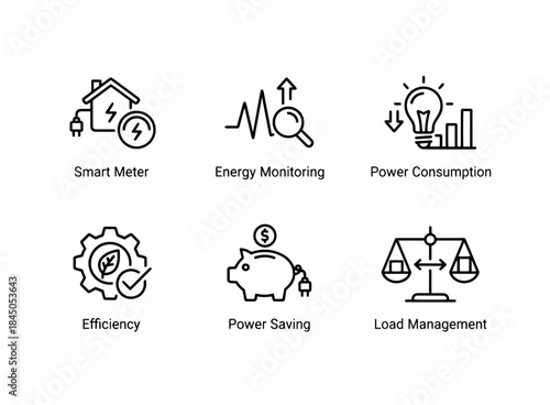 Smart Meter Energy Monitoring Power Consumption Efficiency Power Saving Load Management Minimal Bold Line Icon Set