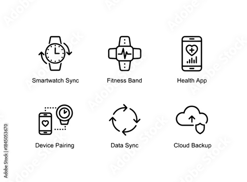 Smartwatch Sync Fitness Band Health App Device Pairing Data Sync Cloud Backup Minimal Bold Line Icon Set