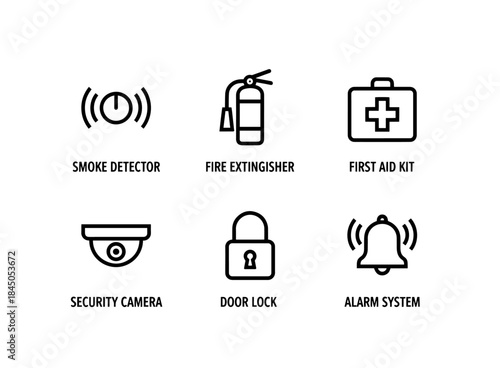 Smoke Detector Fire Extinguisher First Aid Kit Security Camera Door Lock Alarm System Minimal Bold Line Icon Set
