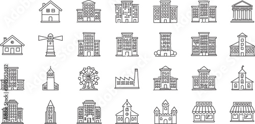 Collection of stylized black and white building icons
