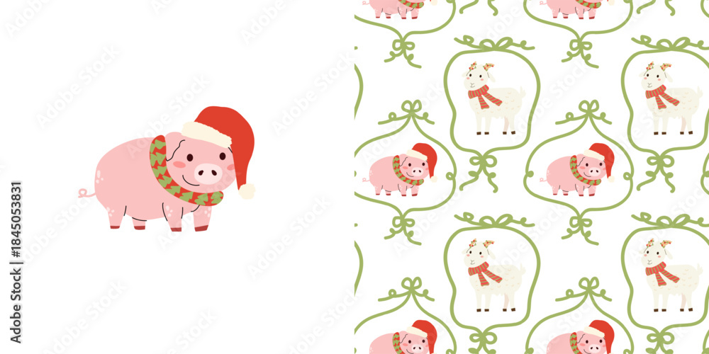 Naklejka premium Christmas pig in santa hat print and seamless pattern with coquette frame and cute piglet and goat. Farm animal holidays pattern.