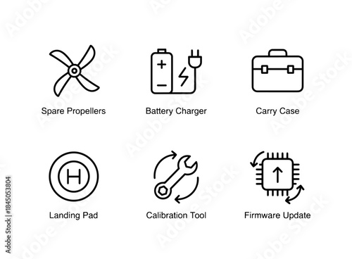 Spare Propellers Battery Charger Carry Case Landing Pad Calibration Tool Firmware Update Minimal Bold Line Icon Set