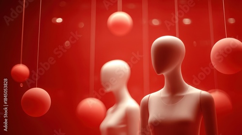 Wide shot of three female mannequins in an upscale store window with red background and minimalist Christmas decorations, showcasing festive retail display
