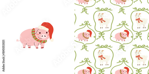 Christmas pig in santa hat print and seamless pattern with coquette frame and cute piglet and goat. Farm animal holidays pattern.