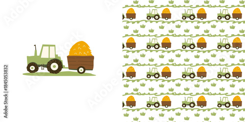 Seamless car tractor print with pattern set. Cartoon farm pattern of tractor and a cart of hay. Kids print design for cards. clothes and wallpapers.