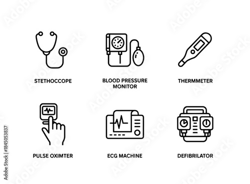 Stethoscope Blood Pressure Monitor Thermometer Pulse Oximeter ECG Machine Defibrillator Minimal Bold Line Icon Set