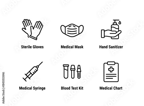 Sterile Gloves Medical Mask Hand Sanitizer Medical Syringe Blood Test Kit Medical Equipment Minimal Bold Line Icon Set