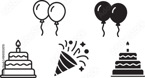 Vector set of party birthday flat icons. Contains icons of firework, cake, gift box, balloon, masquerade, champagne and more.