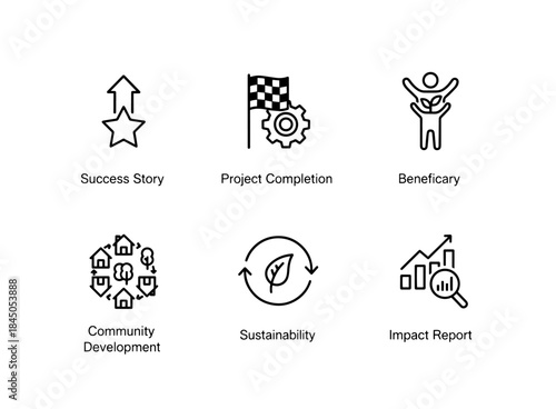 Success Story Project Completion Beneficiary Community Development Sustainability Minimal Bold Line Icon Set