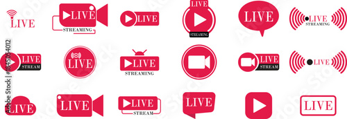 Live Streaming Icon set. Vector for streaming, live broadcast, blog, television, shows, live performances, news and various video content. Live broadcasting buttons and symbols. Vector illustration.