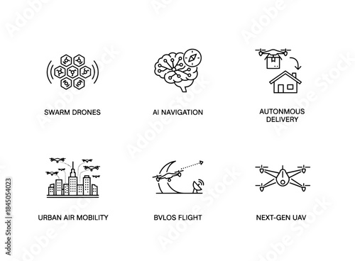 Swarm Drones AI Navigation Autonomous Delivery Urban Air Mobility BVLOS Flight Minimal Bold Line Icon Set