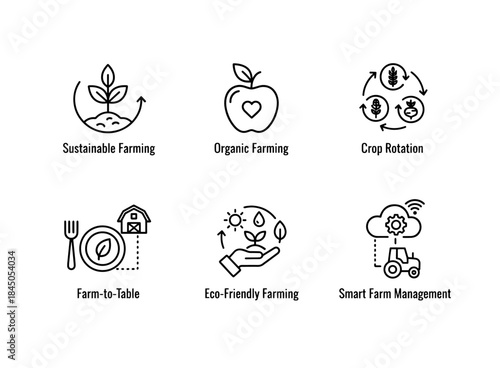 Sustainable Farming Organic Farming Crop Rotation Farm to Table Eco Friendly Farming Minimal Bold Line Icon Set