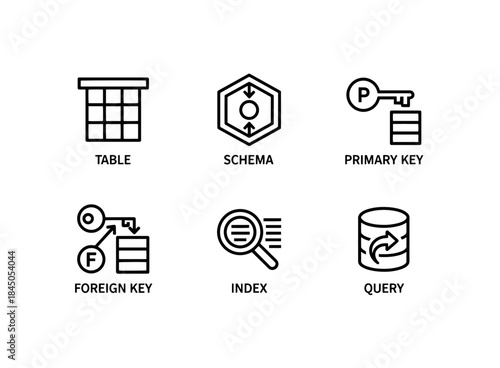 Table Schema Primary Key Foreign Key Index Query Minimal Bold Line Icon Set