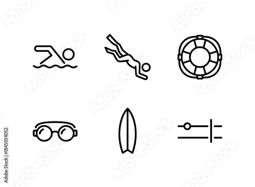 Swimming Diving Lifebuoy Swim Goggles Surfboard Swimming Lane Minimal Bold Line Icon Set