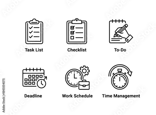 Task List Checklist To Do Deadline Work Schedule Time Management Minimal Bold Line Icon Set