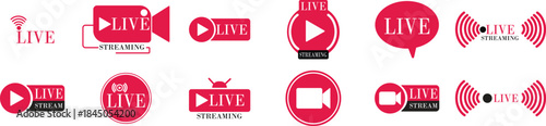 Live Streaming Icon set. Vector for streaming, live broadcast, blog, television, shows, live performances, news and various video content. Live broadcasting buttons and symbols. Vector illustration.