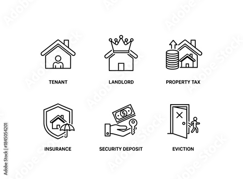 Tenant Landlord Property Tax Insurance Security Deposit Eviction Minimal Bold Icon Set
