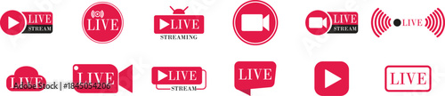 Live Streaming Icon set. Vector for streaming, live broadcast, blog, television, shows, live performances, news and various video content. Live broadcasting buttons and symbols. Vector illustration.