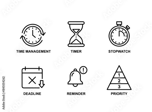 Time Management Timer Stopwatch Deadline Reminder Priority Minimal Bold Line Icon Set