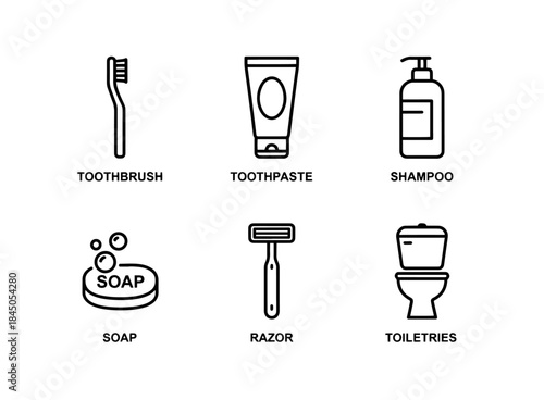 Toiletries Toothbrush Toothpaste Shampoo Soap Razor Minimal Bold Line Icon Set