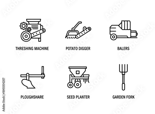 Threshing Machine Potato Digger Balers Ploughshare Seed Planter Garden Fork Minimal Icon Set