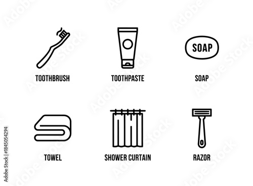 Toothbrush Toothpaste Soap Towel Shower Curtain Razor Minimal Bold Line Icon Set