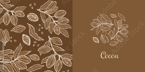 Brown cocoa beans seamless pattern and plants set. Hand drawn sketch of cacao chocolate fruits on brown background.