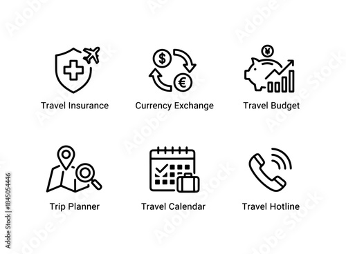 Travel Insurance Currency Exchange Travel Budget Trip Planner Travel Calendar Icon Set
