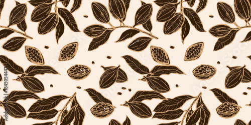 Dark brown cocoa plant pattern for chocolate food background. Sketch of cocoa branches. Vector illustration.