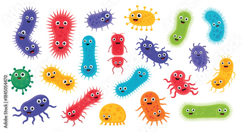 Large collection of cute and colorful cartoon germ, virus, and bacteria characters with smiling faces and various shapes. Fun microbiology and science vector set.