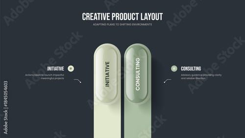 Professional Portfolio Two Option Diagram Slide Design. Investor Report 2 Element Infographic Slideshow Layout. Digital Campaign Frame Template Vector Illustration.