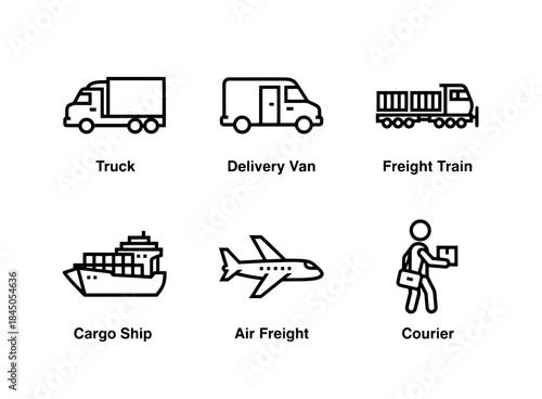Truck Delivery Van Freight Train Cargo Ship Air Freight Courier Minimal Bold Icon Set