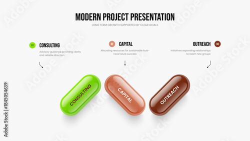 Digital Profile 3 Element Diagram Presentation Design. Modern Insight Frame Template Vector Illustration. Project Analysis Three Option Infographic Slideshow Layout.
