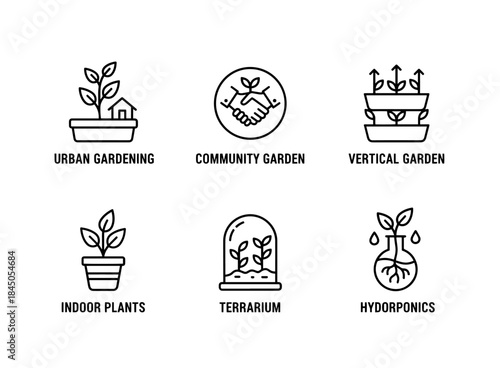 Urban Gardening Community Garden Vertical Garden Indoor Plants Terrarium Hydroponics Icon Set