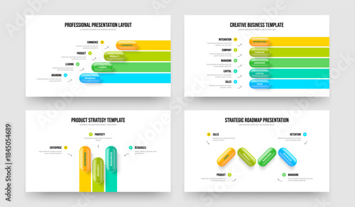 Business Review Four Five Three Element Diagram Presentation Design Vector Illustration Set. Company Portfolio 4 5 3 Step Infographic Slideshow Layout Collection.
