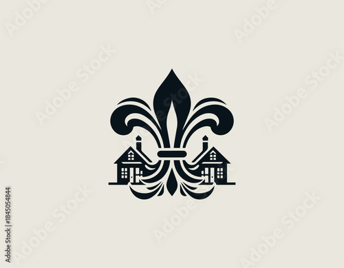 Elegant fleur de lis symbolizes luxury real estate stability in modern black vector logo illustration