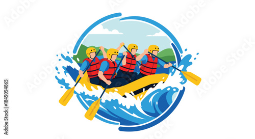 Circular emblem showing a team of four people whitewater rafting in a yellow boat on turbulent waves, with a landscape background. Extreme sports and adventure team logo.