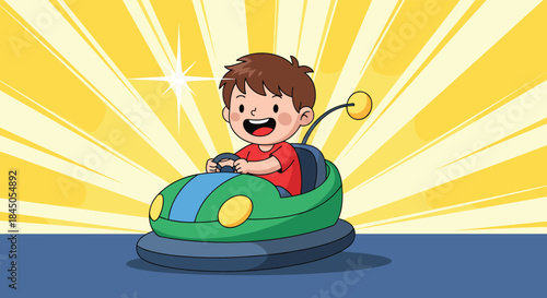 Happy cartoon boy having a great time driving a green bumper car at an amusement park against a bright yellow radiant background. Fun childhood activity vector illustration.