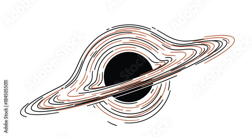 Minimalist and stylized line art illustration of a black hole, showing the gravitational pull warping the fabric of spacetime. Abstract astronomy and astrophysics vector.