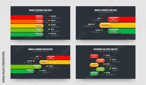 Market Forecast Five Three Four Step Infographic Presentation Layout Vector Illustration Collection. Creative Performance 5 3 4 Option Diagram Slideshow Template Set.